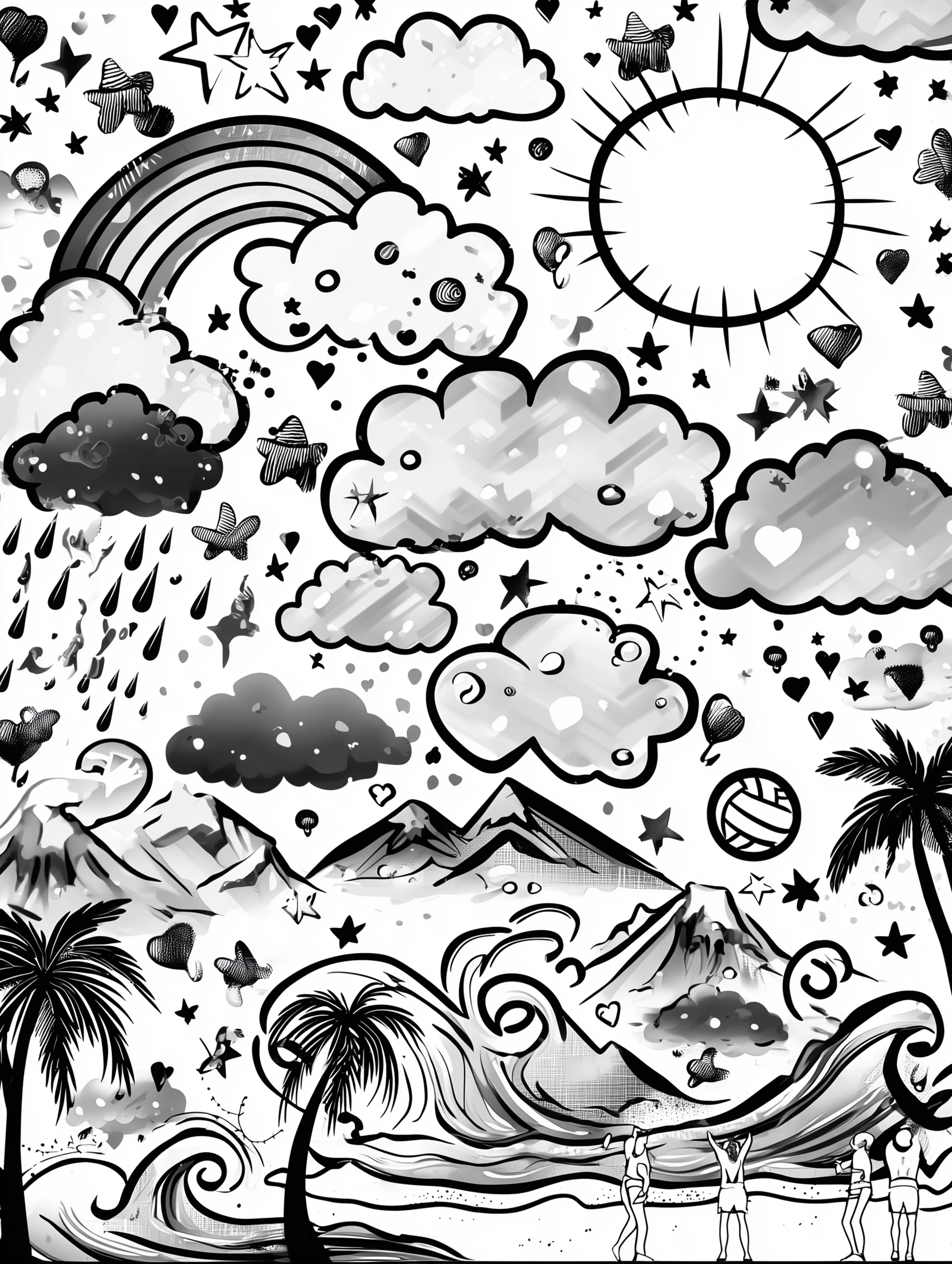 Free printable volleyball coloring page for adults featuring a cloudy volleyball day